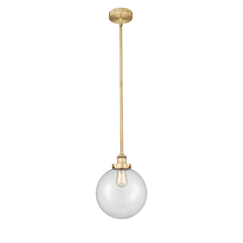 Innovations Beacon 10in 1-Light Mini Pendant | Industrial Brushed Brass Steel and Clear Glass | Kitchen Island & Dining Room | Model 616-1SH-BB-G202-10