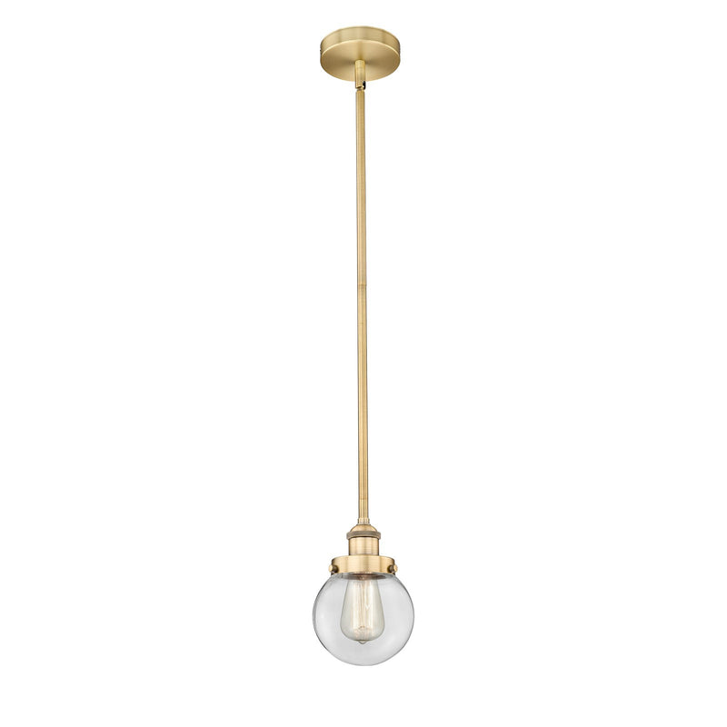 Innovations Beacon 6in 1-Light Mini Pendant | Industrial Brushed Brass and Clear Glass | Kitchen Island & Dining Room | Damp | Model 616-1SH-BB-G202-6