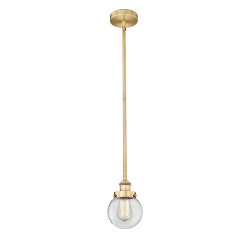 Innovations Beacon 6in 1-Light Mini Pendant | Industrial Brushed Brass and Clear Glass | Kitchen Island & Dining Room | Damp | Model 616-1SH-BB-G202-6