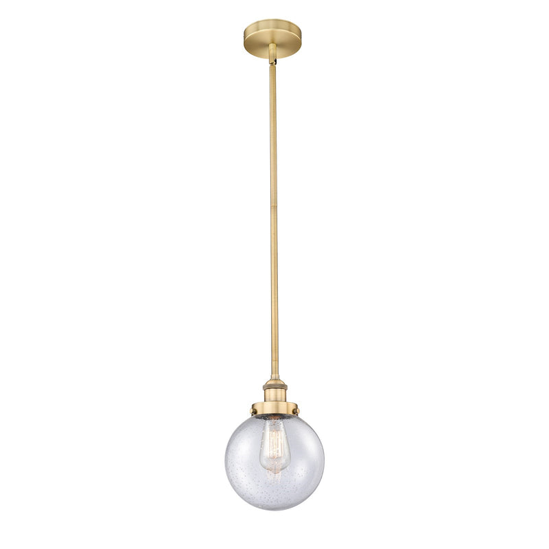 Innovations Beacon 8in 1-Light Mini Pendant | Industrial Brushed Brass Steel and Seedy Glass | Kitchen Island & Dining Room | Model 616-1SH-BB-G204-8-LED