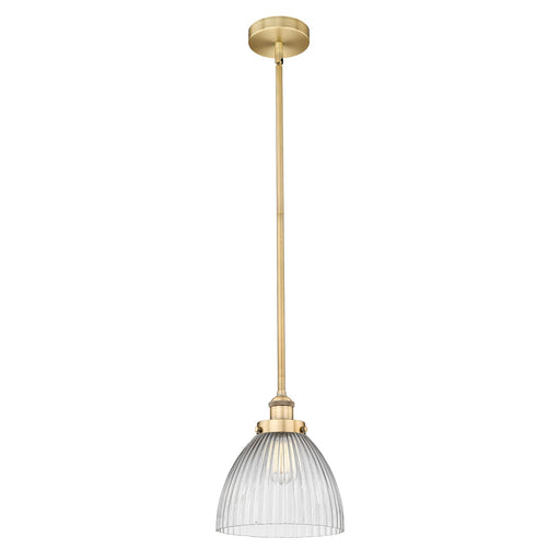 Innovations Seneca Falls 10in 1-Light Mini Pendant | Industrial Brushed Brass and Clear Halophane Glass | Kitchen Island & | Model 616-1SH-BB-G222-LED