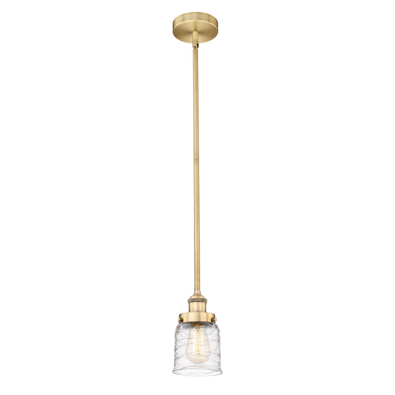Innovations Bell 5in 1-Light Mini Pendant | Industrial Brushed Brass Steel and Clear Deco Swirl Glass | Kitchen Island & | Model 616-1SH-BB-G513-LED