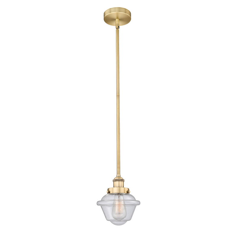 Innovations Oxford 7.25in 1-Light Mini Pendant | Traditional Brushed Brass Steel and Seedy Schoolhouse Glass | Kitchen Island | Model 616-1SH-BB-G534-LED
