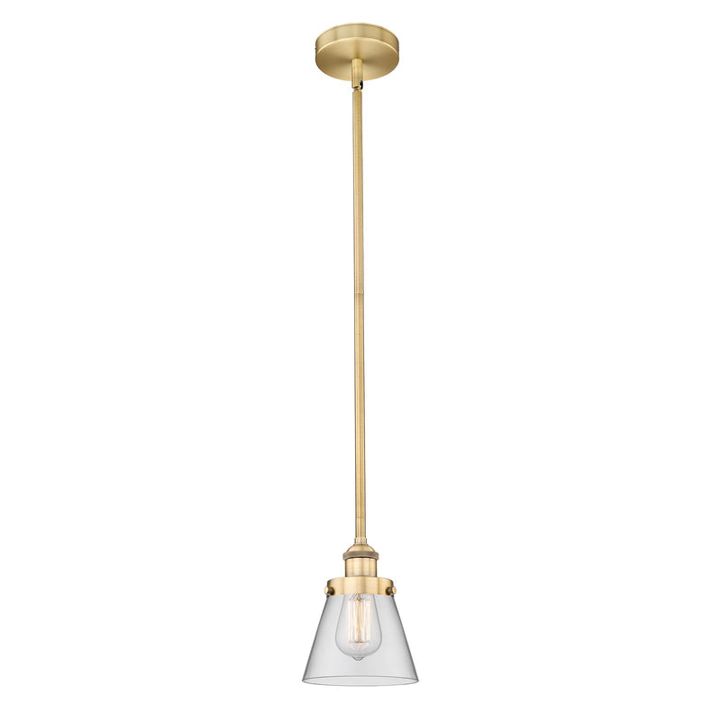 Innovations Cone 6.25in 1-Light Mini Pendant | Industrial Brushed Brass Steel and Clear Glass | Kitchen Island & Dining Room | Model 616-1SH-BB-G62-LED