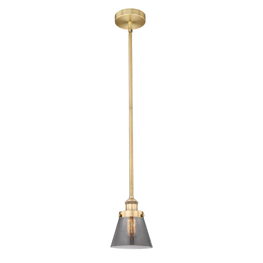 Innovations Cone 6.25in 1-Light Mini Pendant | Industrial Brushed Brass Steel and Light Smoke Glass | Kitchen Island & Dining Room | Model 616-1SH-BB-G63