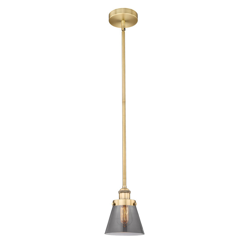 Innovations Cone 6.25in 1-Light Mini Pendant | Industrial Brushed Brass Steel and Light Smoke Glass | Kitchen Island & Dining | Model 616-1SH-BB-G63-LED
