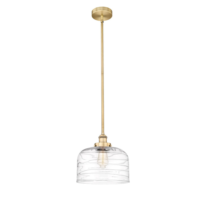 Innovations Bell 12in 1-Light Mini Pendant | Industrial Brushed Brass and Clear Deco Swirl Glass | Kitchen Island & Dining | Model 616-1SH-BB-G713-L-LED