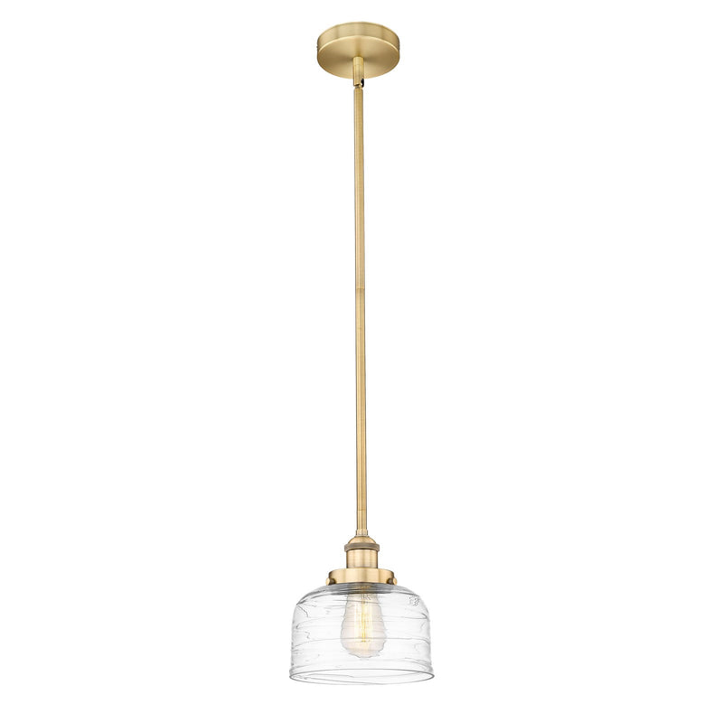 Innovations Bell 8in 1-Light Mini Pendant | Industrial Farmhouse Brushed Brass and Clear Deco Swirl Glass | Kitchen Island & | Model 616-1SH-BB-G713-LED