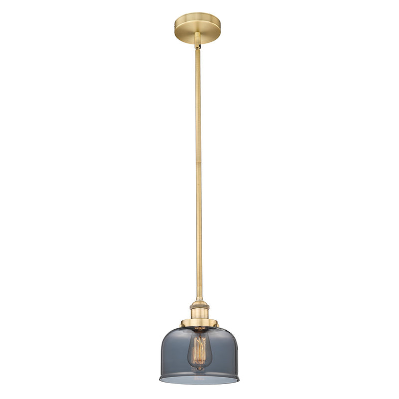 Innovations Bell 8in 1-Light Mini Pendant | Industrial Brushed Brass Steel and Light Smoke Glass | Kitchen Island & Dining Room | Model 616-1SH-BB-G73-LED