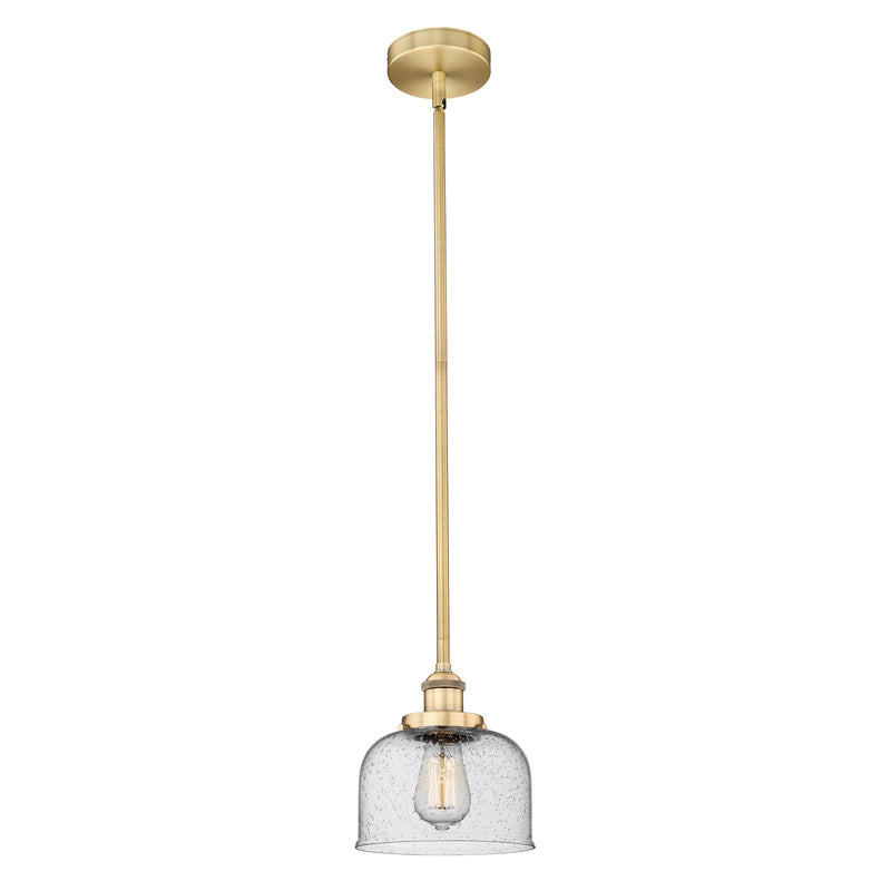 Innovations Bell 8in 1-Light Mini Pendant | Industrial Brushed Brass Steel and Seedy Glass | Kitchen Island & Dining Room | Model 616-1SH-BB-G74-LED