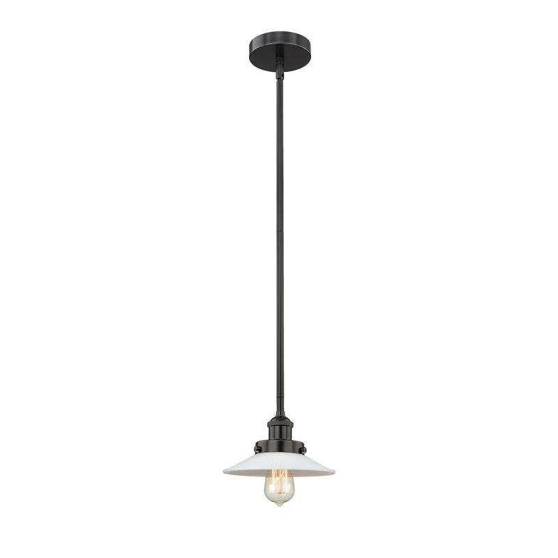 Innovations Halophane 9in 1-Light Mini Pendant | Industrial Matte Black Steel and White Frosted Glass | Kitchen Island & Dining | Model 616-1SH-BK-G1-LED