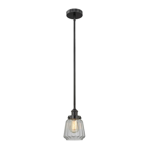 Innovations Chatham 7in 1-Light Mini Pendant | Art Deco Industrial Matte Black Steel and Clear Ribbed Glass | Kitchen Island & | Model 616-1SH-BK-G142
