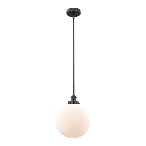 Innovations Beacon 12in 1-Light Mini Pendant | Industrial Matte Black Steel and Matte White Frosted Glass | Kitchen Island | Model 616-1SH-BK-G201-12-LED