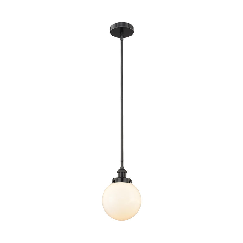 Innovations Beacon 8in 1-Light Mini Pendant | Industrial Matte Black Steel and Matte White Frosted Glass | Kitchen Island & | Model 616-1SH-BK-G201-8