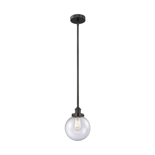 Innovations Beacon 8in 1-Light Mini Pendant | Industrial Matte Black Steel and Seedy Glass | Kitchen Island & Dining Room | Model 616-1SH-BK-G204-8-LED