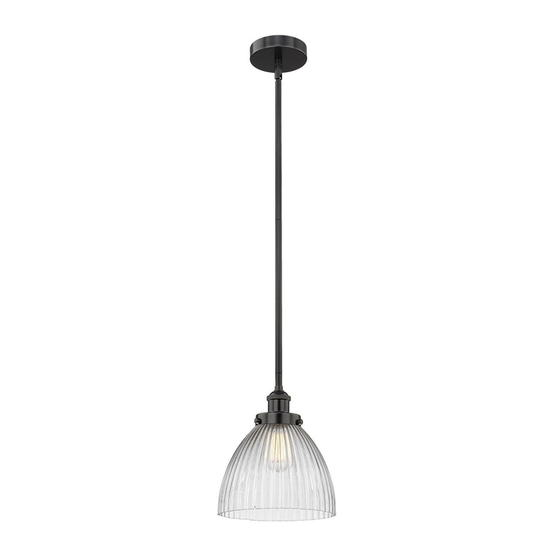 Innovations Seneca Falls 1-Light Mini Pendant | Industrial Matte Black Steel and Clear Halophane Glass | Kitchen Island & Dining | Model 616-1SH-BK-G222