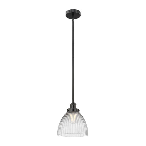 Innovations Seneca Falls 1-Light Mini Pendant | Industrial Matte Black Steel and Clear Halophane Glass | Kitchen Island & Dining | Model 616-1SH-BK-G222