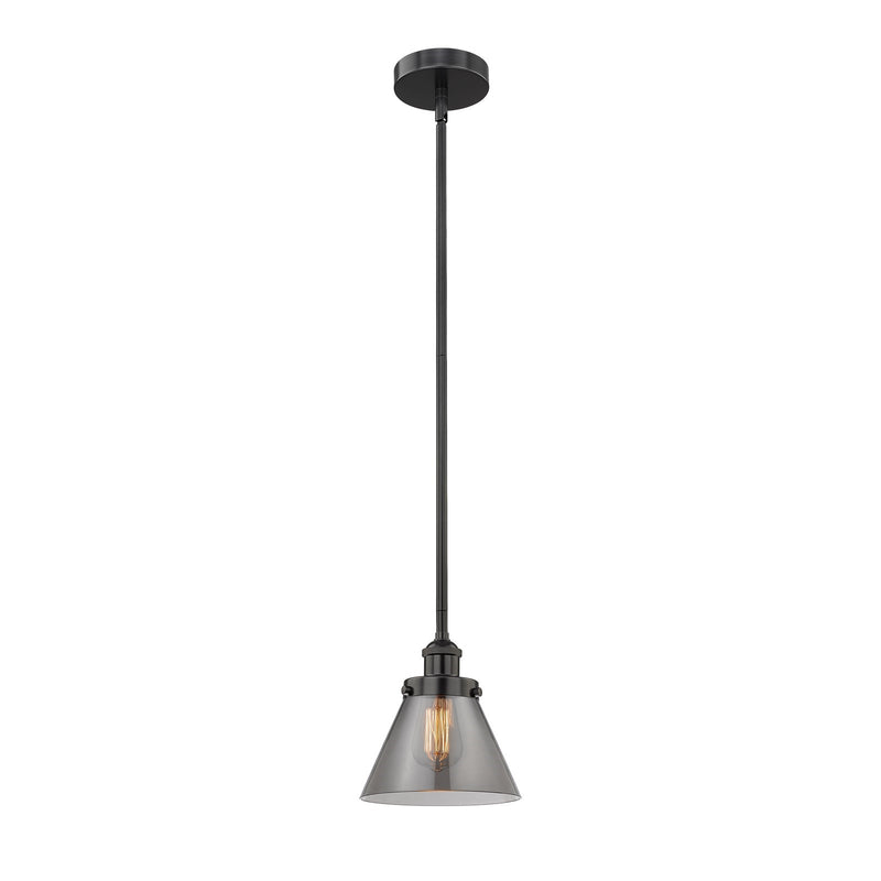 Innovations Cone 8in 1-Light Mini Pendant | Industrial Matte Black Steel and Light Smoke Glass | Kitchen Island & Dining Room | Model 616-1SH-BK-G43-LED