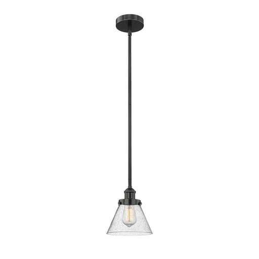 Innovations Cone 1-Light 7.75in Mini Pendant | Industrial Farmhouse Matte Black Steel and Seedy Glass | Kitchen Island & Dining | Model 616-1SH-BK-G44-LED