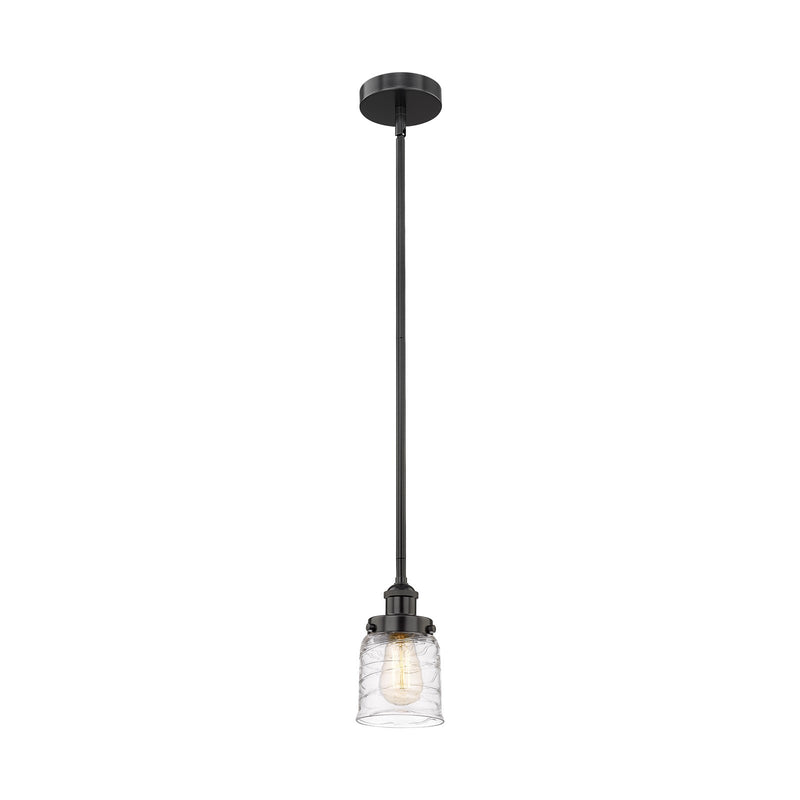 Innovations Bell 5in 1-Light Mini Pendant | Industrial Matte Black Steel and Clear Deco Swirl Glass | Kitchen Island & Dining Room | Model 616-1SH-BK-G513