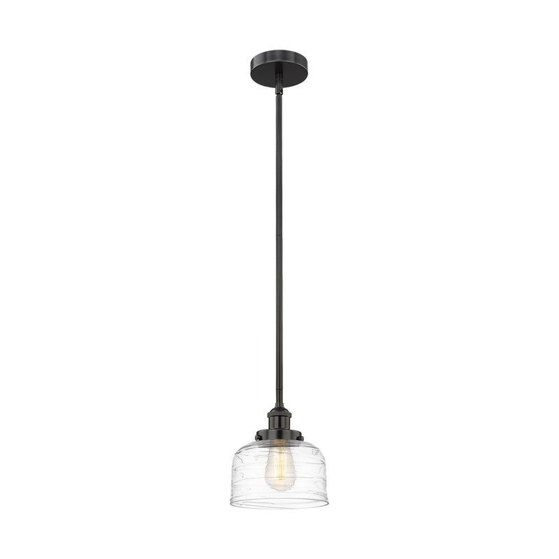 Innovations Bell 8in 1-Light Mini Pendant | Industrial Matte Black Steel and Clear Deco Swirl Glass | Kitchen Island & Dining Room | Model 616-1SH-BK-G713