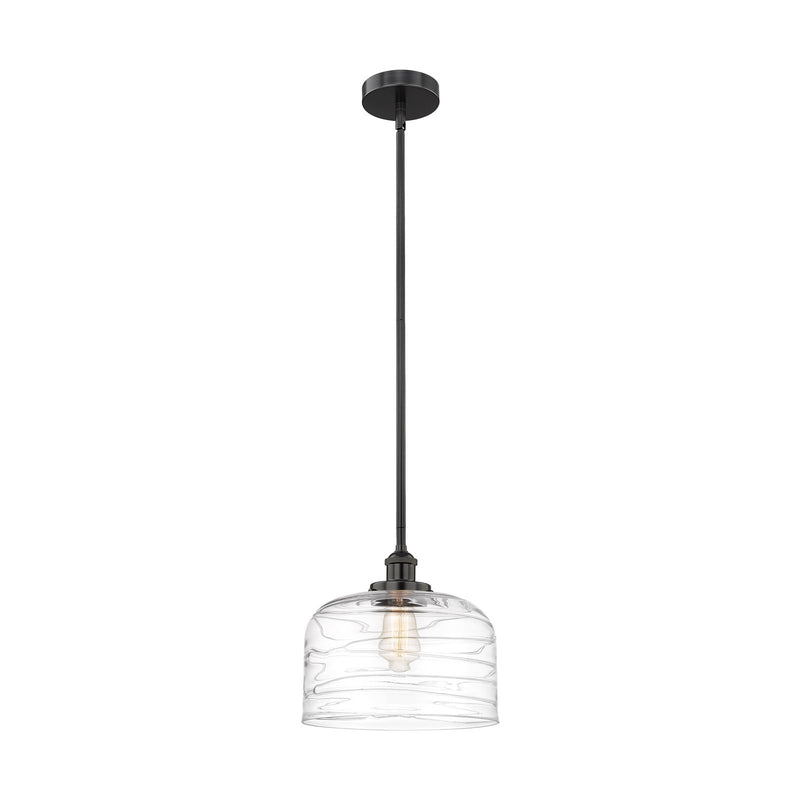 Innovations Bell 12in 1-Light Mini Pendant | Industrial Matte Black Steel and Clear Deco Swirl Glass | Kitchen Island & Dining | Model 616-1SH-BK-G713-L