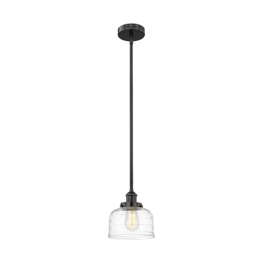 Innovations Bell 8in 1-Light Mini Pendant | Industrial Farmhouse Matte Black Steel and Clear Deco Swirl Glass | Kitchen Island | Model 616-1SH-BK-G713-LED