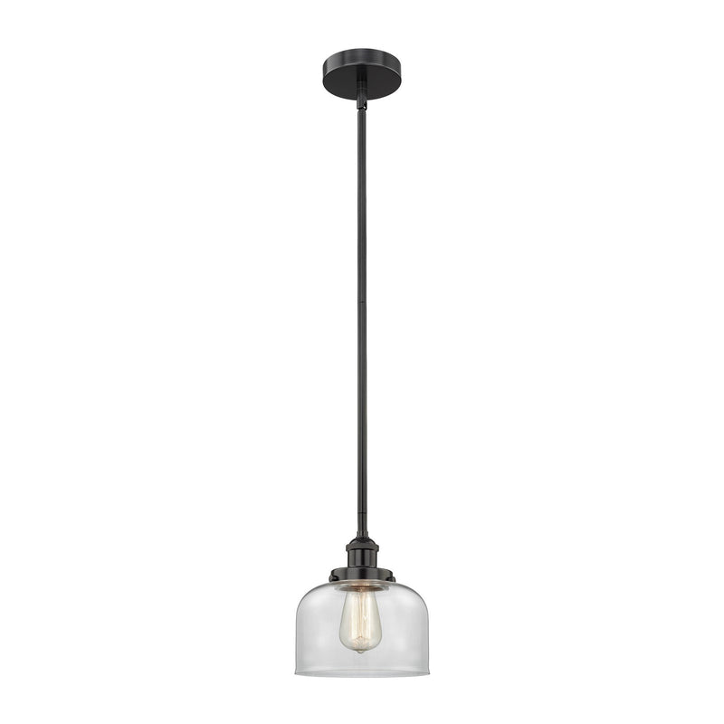 Innovations Bell 8in 1-Light Mini Pendant | Industrial Matte Black Steel and Clear Glass | Kitchen Island & Dining Room | 17-41 | Model 616-1SH-BK-G72-LED