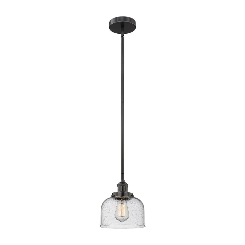 Innovations Bell 8in 1-Light Mini Pendant | Industrial Matte Black Steel and Seedy Glass | Kitchen Island & Dining Room | 7.75 | Model 616-1SH-BK-G74-LED
