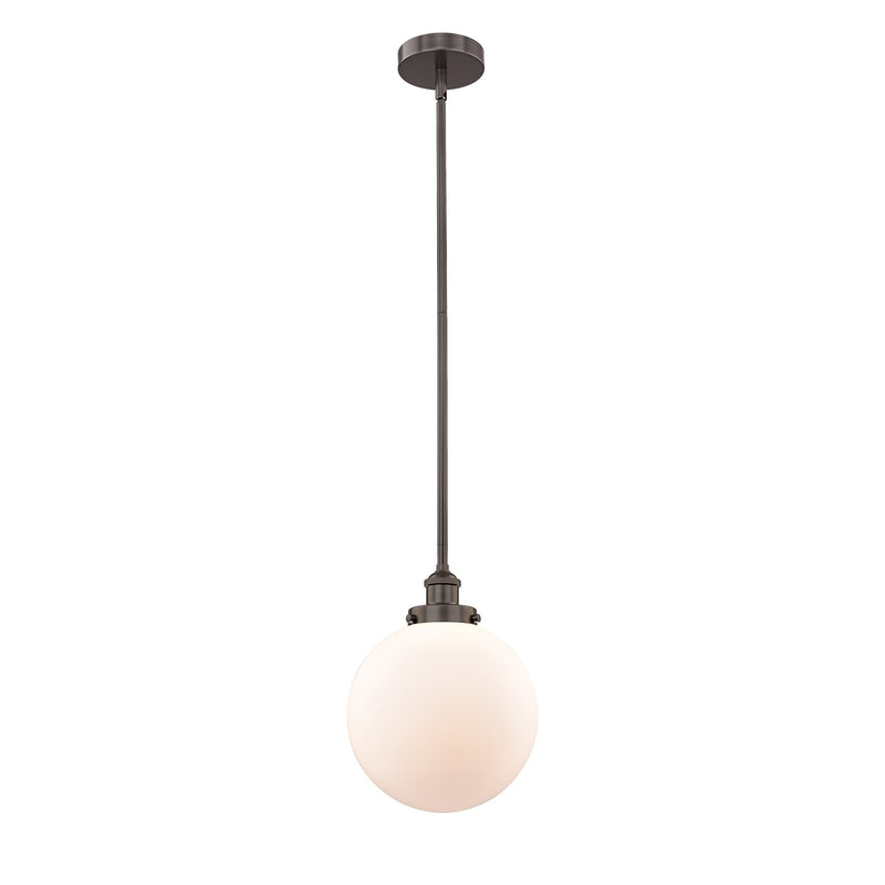 Innovations Beacon 10in 1-Light Mini Pendant | Industrial Oil Rubbed Bronze Steel and Matte White Frosted Glass | Kitchen | Model 616-1SH-OB-G201-10-LED