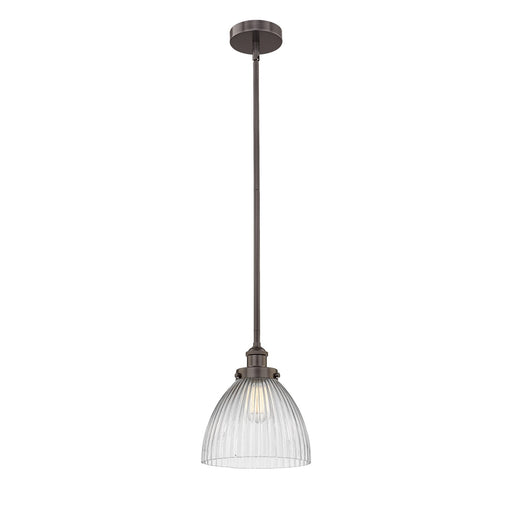 Innovations Seneca Falls 10in 1-Light Mini Pendant | Industrial Oil Rubbed Bronze Steel and Clear Halophane Glass | Kitchen Island | Model 616-1SH-OB-G222