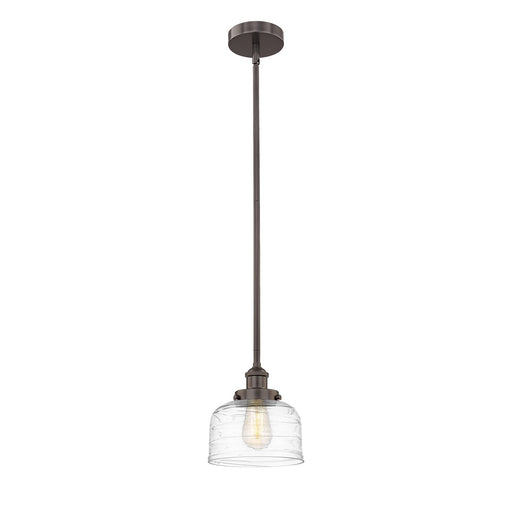 Innovations Bell 8in 1-Light Mini Pendant | Industrial Oil Rubbed Bronze Steel and Clear Deco Swirl Glass | Kitchen Island & | Model 616-1SH-OB-G713