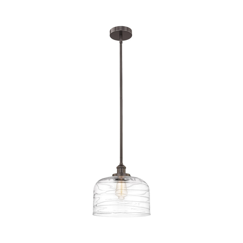 Innovations Bell 12in 1-Light Mini Pendant | Industrial Oil Rubbed Bronze Steel and Clear Deco Swirl Glass | Kitchen Island & | Model 616-1SH-OB-G713-L