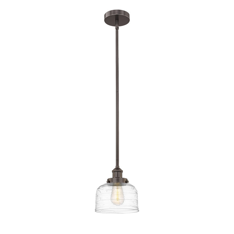 Innovations Bell 8in 1-Light Mini Pendant | Industrial Oil Rubbed Bronze Steel and Clear Deco Swirl Glass | Kitchen Island & | Model 616-1SH-OB-G713-LED