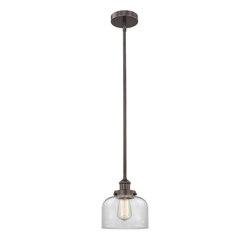 Innovations Bell 8in 1-Light Mini Pendant | Industrial Oil Rubbed Bronze Steel and Clear Glass | Kitchen Island & Dining Room | Model 616-1SH-OB-G72-LED