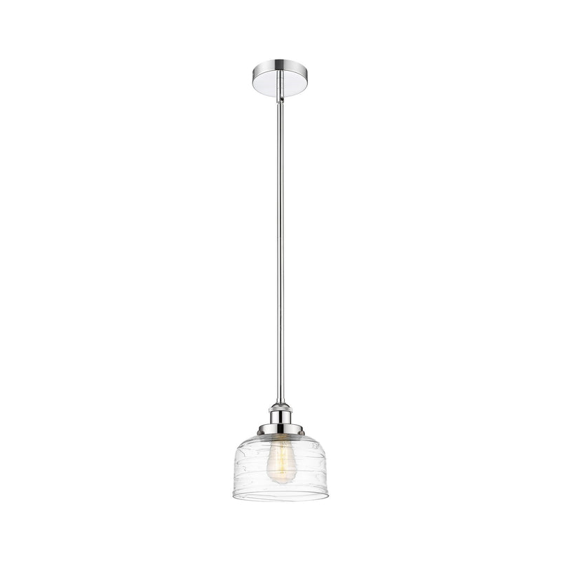 Innovations Bell 8in 1-Light Mini Pendant | Industrial Polished Chrome Steel and Clear Deco Swirl Glass | Kitchen Island & Dining | Model 616-1SH-PC-G713