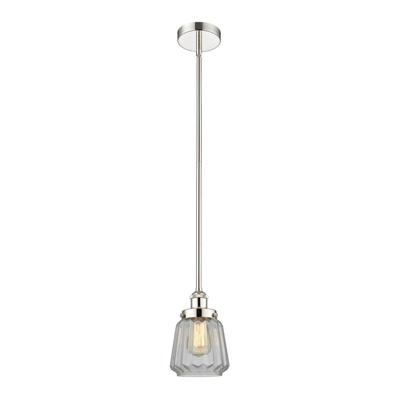 Innovations Chatham 7in 1-Light Mini Pendant | Art Deco Polished Nickel and Clear Ribbed Glass | Kitchen Island & Dining Room | Model 616-1SH-PN-G142-LED