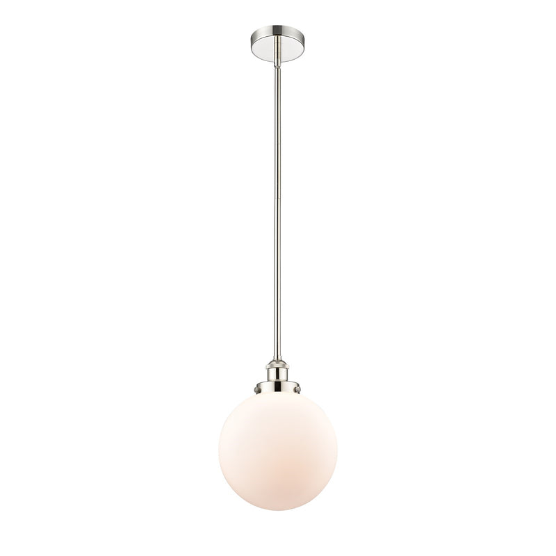 Innovations Beacon 10in 1-Light Mini Pendant | Industrial Polished Nickel and Matte White Frosted Glass | Kitchen Island & | Model 616-1SH-PN-G201-10