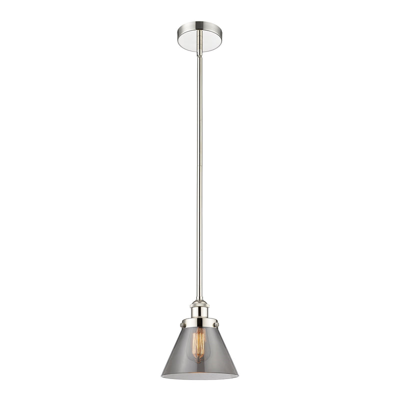Innovations Cone 8in 1-Light Mini Pendant | Industrial Polished Nickel and Light Smoke Glass | Kitchen Island & Dining Room | Model 616-1SH-PN-G43-LED