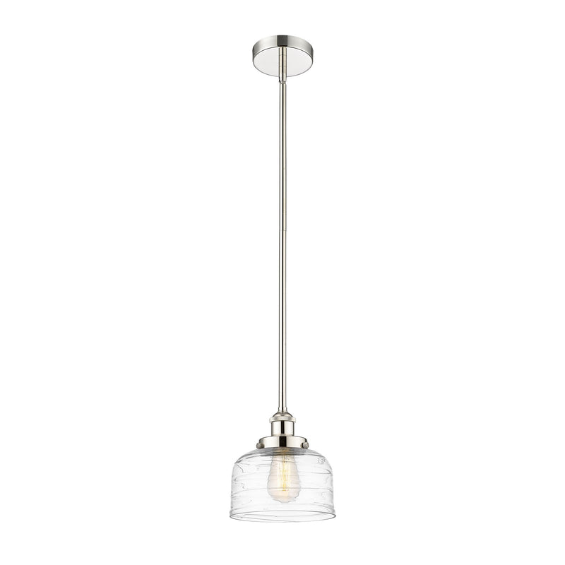 Innovations Bell 8in 1-Light Mini Pendant | Industrial Polished Nickel Steel and Clear Deco Swirl Glass | Kitchen Island & | Model 616-1SH-PN-G713-LED