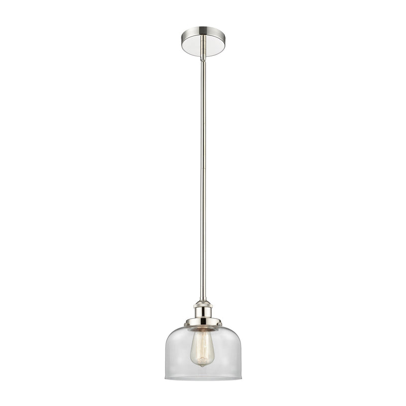 Innovations Bell 8in 1-Light Mini Pendant | Industrial Polished Nickel Steel and Clear Glass | Kitchen Island & Dining Room | Damp | Model 616-1SH-PN-G72