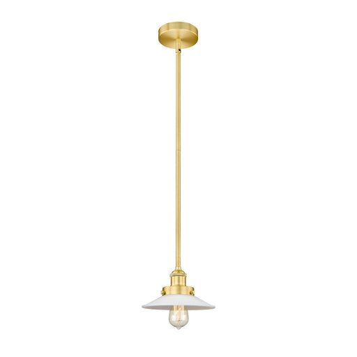 Innovations Halophane 9in 1-Light Mini Pendant | Industrial Satin Gold Steel and Matte White Frosted Glass | Kitchen Island & | Model 616-1SH-SG-G1-LED