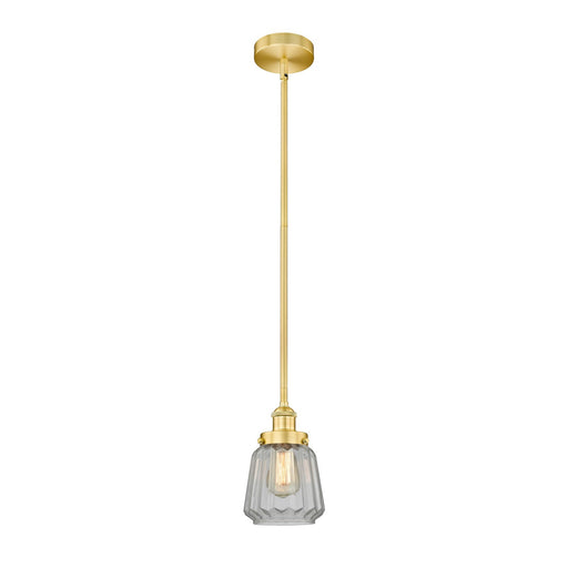 Innovations Chatham 7in 1-Light Mini Pendant | Art Deco Satin Gold Steel and Clear Ribbed Glass | Kitchen Island & Dining Room | Model 616-1SH-SG-G142-LED