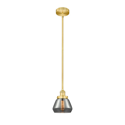 Innovations Fulton 7in 1-Light Mini Pendant | Industrial Farmhouse Satin Gold Steel and Light Smoke Glass | Kitchen Island & | Model 616-1SH-SG-G173