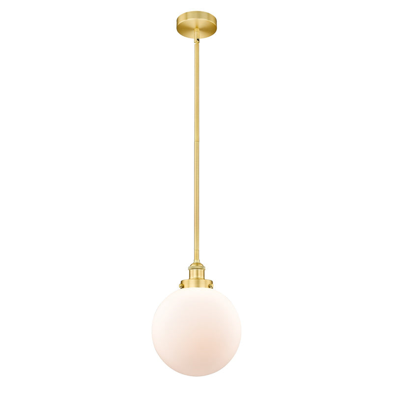 Innovations Beacon 10in 1-Light Mini Pendant | Industrial Satin Gold Steel and Matte White Frosted Glass | Kitchen Island & | Model 616-1SH-SG-G201-10-LED