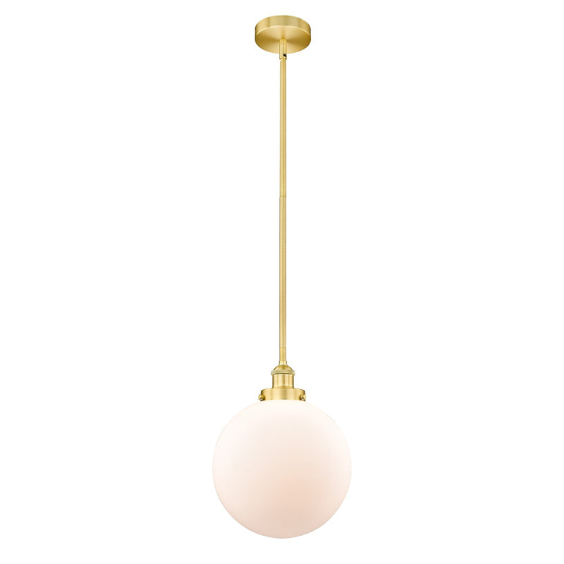 Innovations Beacon 12in 1-Light Mini Pendant | Industrial Satin Gold Steel and Matte White Frosted Glass | Kitchen Island & | Model 616-1SH-SG-G201-12