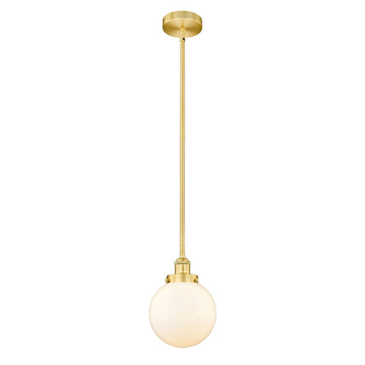 Innovations Beacon 8in 1-Light Mini Pendant | Industrial Satin Gold Steel and Matte White Frosted Glass | Kitchen Island & | Model 616-1SH-SG-G201-8