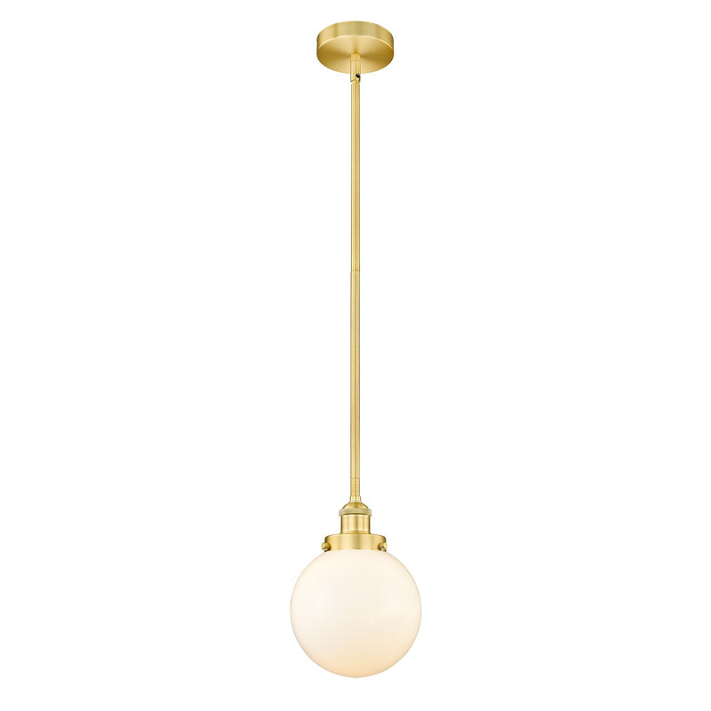 Innovations Beacon 8in 1-Light Mini Pendant | Industrial Satin Gold Steel and Matte White Frosted Glass | Kitchen Island & | Model 616-1SH-SG-G201-8-LED