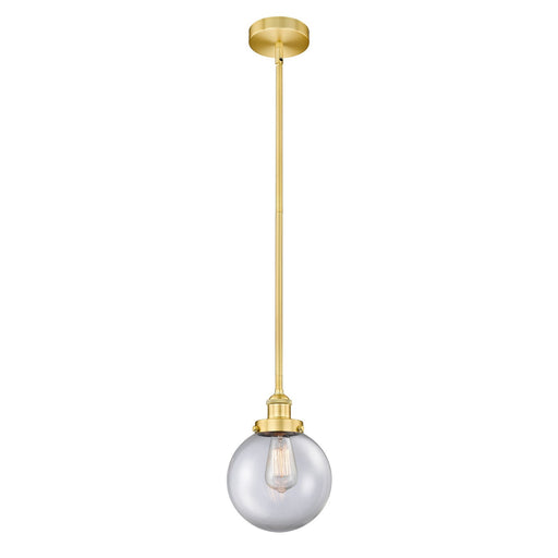 Innovations Beacon 8in 1-Light Mini Pendant | Industrial Satin Gold Steel and Clear Glass | Kitchen Island & Dining Room | 8 x 8 | Model 616-1SH-SG-G202-8