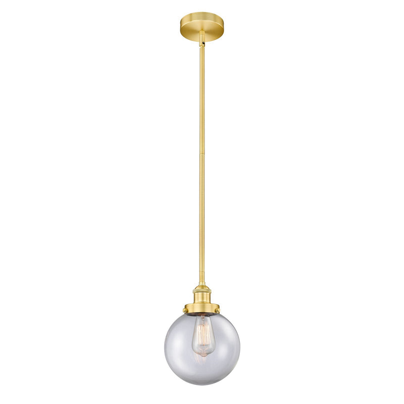 Innovations Beacon 8in 1-Light Mini Pendant | Industrial Satin Gold Steel and Clear Glass | Kitchen Island & Dining Room | 8 | Model 616-1SH-SG-G202-8-LED